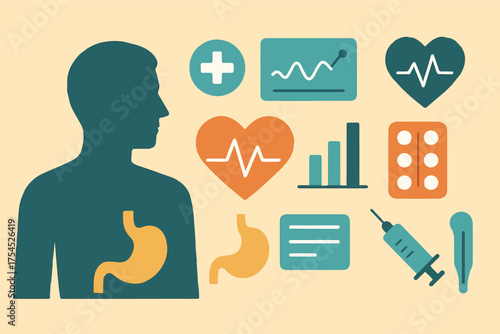 Flat Medical Healthcare Vector Illustration — Human Body Silhouette, Heartbeat, Stomach, Syringe, Pills, Chart, and Health Icons in Modern Style
