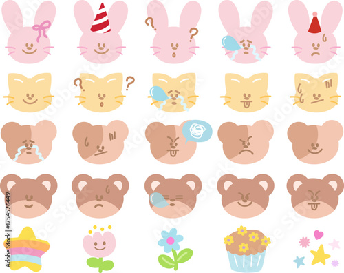 Cute vector illustrations of bunny, cat and teddy bear expressions, cupcake, star, flower for cartoon characters, comic, animals, pet shop, vet, emoji, mood, emotion, feelings, easter, festive winter