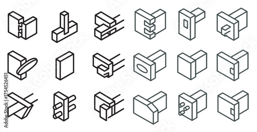 Japanese woodworking line icons set – solid, outline, joinery and carpentry symbols