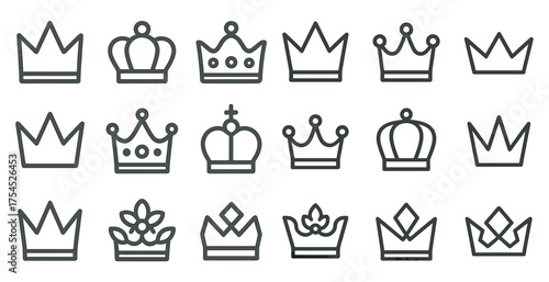 Royal crown outline icons set – flat, linear, monarchy and regal symbols