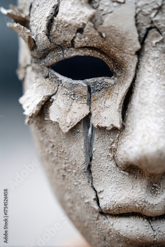 Broken clay mask showing texture and emotion with cracks and tears captured in detail during an outdoor setting