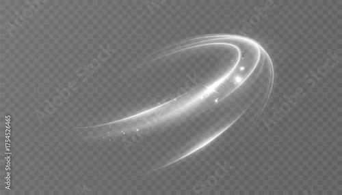 A bright white vector light trail that forms a smooth arc with a white glow. Vector light effect for light and dark backgrounds.