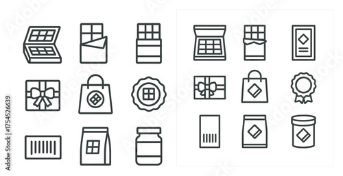 Chocolate and confectionery outline icons set – flat, sweet treat symbols