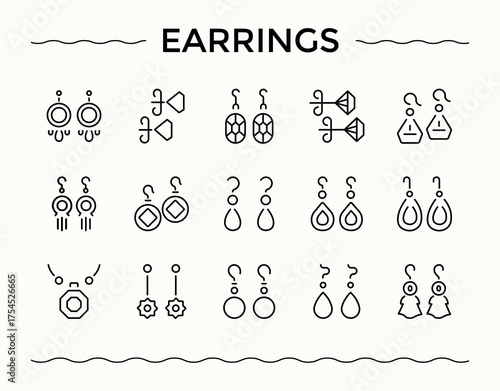 Earrings icon set. Icons for application. It contains symbols to precious, elegance, fashion, gold, jewel. Editable stroke. Vector illustration. Gem icon set.