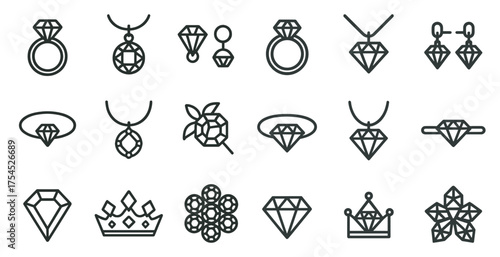 Jewelry and gemstones icons set – outline, linear, diamond and accessory symbols