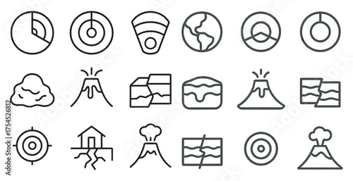 Geology and earthquake linear icons set – outline, seismic, tectonic symbols