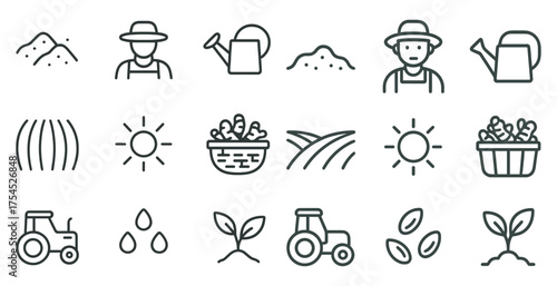Farming and gardening outline icons set – line, linear, agriculture and cultivation symbols