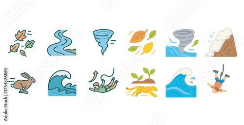 Extreme weather silhouette icons set – bold, outline, nature and adventure symbols