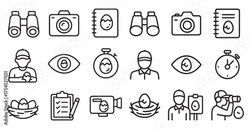 Bird watching outline icons set – linear, binoculars, wildlife observation symbols
