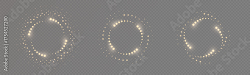 Vector set of dotted circular loaders with glowing particle rings on a transparent background. Clean UI spinners for apps, dashboards, web interfaces, infographics and motion design.