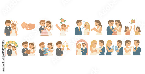 Wedding and celebration flat icons set – filled, ceremony, party and love symbols