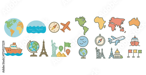 Travel and tourism flat icons set – vacation, global, destination symbols