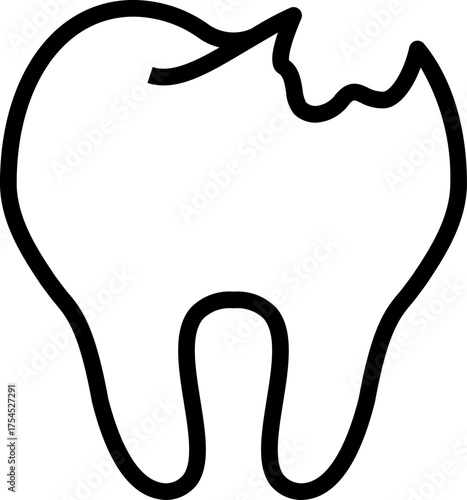Line art vector of a broken tooth. damaged tooth icon. A line style icon of broken tooth. Broken tooth vector isolated on white background.