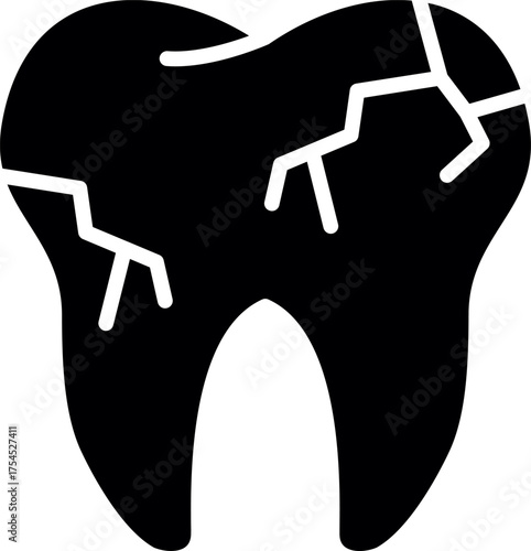 Silhouette vector of crack tooth. Solid Black vector icon of a tooth with a visible crack for dental damage or decay. Vector of Broken tooth. Dental problem concept. Cracked tooth vector. 