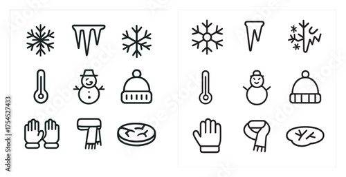 Winter weather line icons set – outline, linear, seasonal and cold symbols