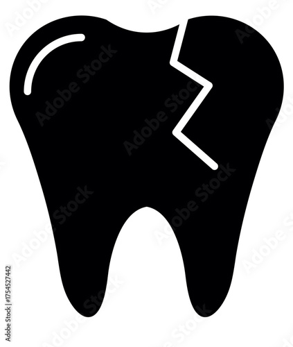 damage tooth silhouette vector. Black vector icon of a tooth with a visible crack for dental damage or decay. Broken tooth icon. Cracked tooth vector. Dental problem and toothache concept.