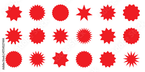 Set of red starburst labels isolated on transparent background. Wavy edge promo badges, round stickers, and blank sale tags. Perfect for discount or price design.