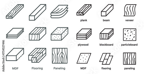 Woodworking and carpentry line icons set – flat, veneer, plank design symbols