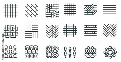 Textile patterns outline icons set – linear, fabric, weaving design symbols