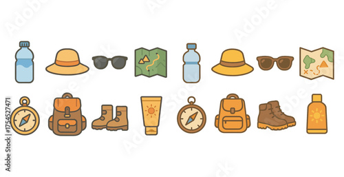 Camping gear icons set – linear, outline, hiking and adventure graphics