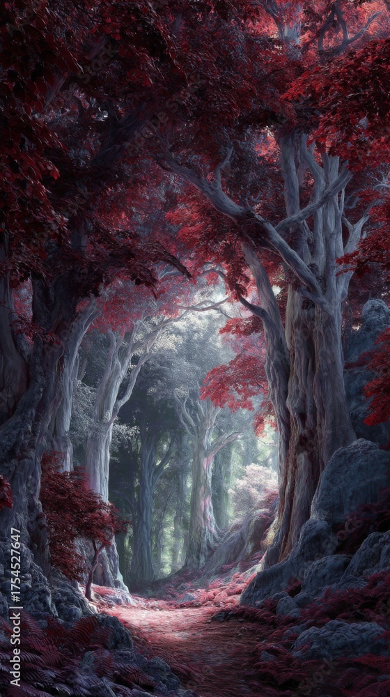Naklejka premium Enchanted Forest Pathway with Vibrant Red Leaves and Mysterious Light Filtering Through Lush Trees