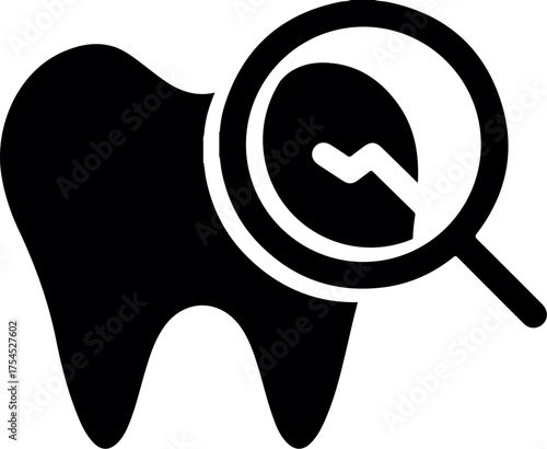 Silhouette of Tooth problem check with magnifying glass. Tooth Check solid Icon. examination of tooth. Tooth with magnifying glass icon representing dental inspection, cavity check or oral analysis. 