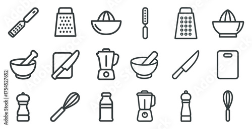 Kitchen tools outline icons set – linear, cooking, culinary essentials visuals