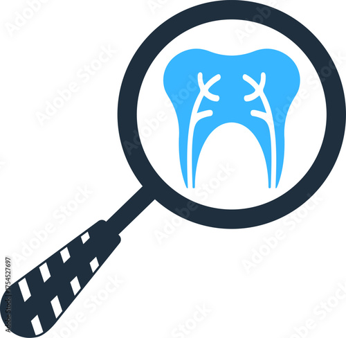 Tooth under magnifying glass. Tooth checkup with a magnifying glass, representing dental inspection, cavity detection, and oral diagnostics. Examination of tooth with a magnifying glass