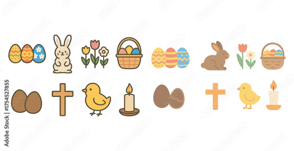 Fototapeta premium Easter and spring flat icons set – filled, outline, holiday and celebration symbols