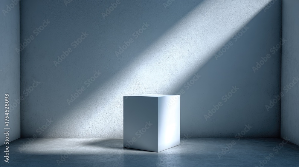 Fototapeta premium Minimalist white cube displayed in soft light against blank walls