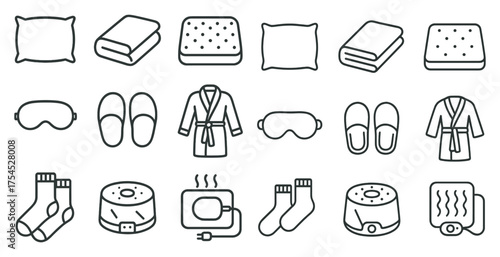 Relaxation and sleep icons set – outline, linear, spa and comfort symbols