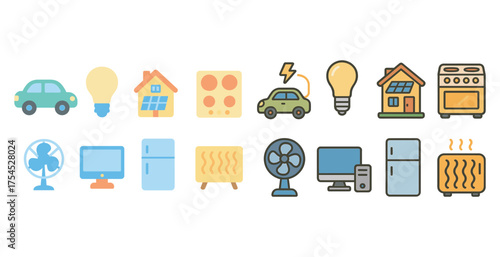 Home and energy flat icons set – line, outline, household and appliance symbols