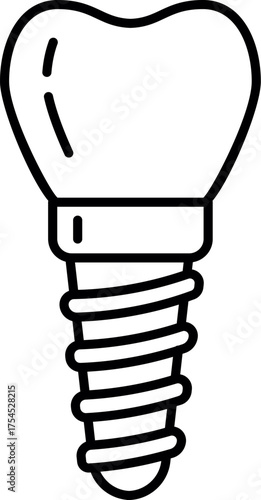 Dental implant outline. Dental implant icon. Tooth implant vector illustration. Dental emblem. Tooth care pictogram. Gum health concept. A tooth crown on a screw isolated on white background. 