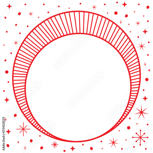 Red circular frame. White cloud under text in  middle of  frame, with lines shading it. Snowflakes and stars on edges of  frame. Flat vector design. Single illustration isolated on  white background.