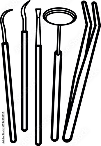 Vector of Dental instrument. A collection of dental instruments displayed in a row on a white background. Dental Instruments and Equipment. 