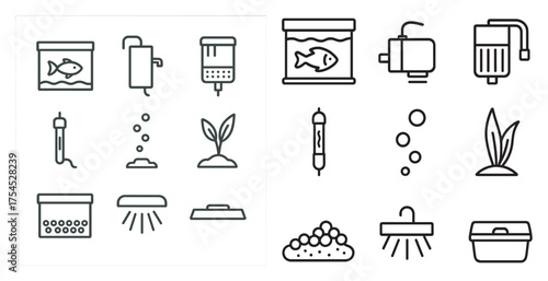 Aquarium and fish tank outline icons set – linear, silhouette, marine life symbols