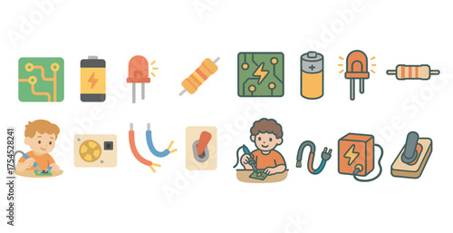Electronics and circuits flat icons set – filled, outline, tech and gadget symbols