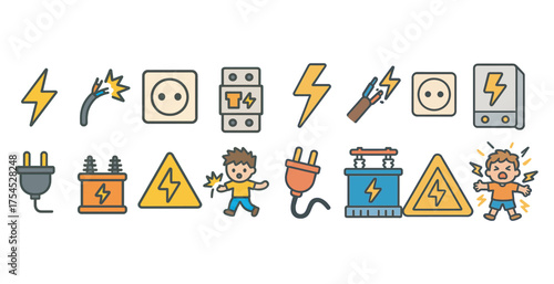 Electricity and safety icons set – outline, linear, power and hazard symbols