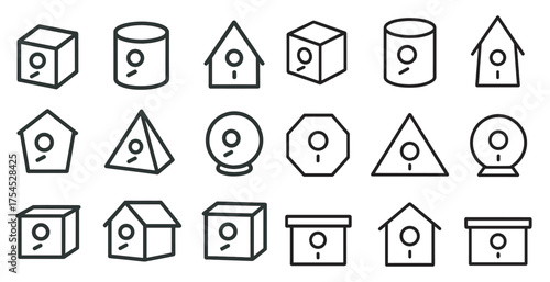 Birdhouse outline icons set – flat, silhouette, avian housing symbols