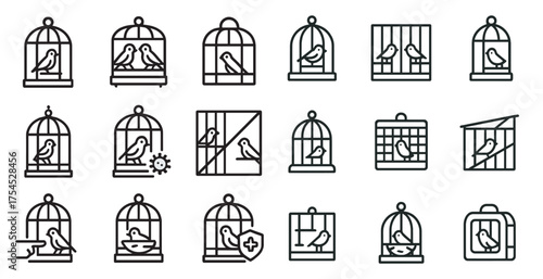 Bird cage outline icons set – silhouette, avian enclosure, pet care symbols
