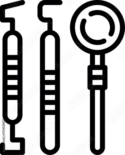 Dental mirror, scaler and drill line art vector. Black and white illustration of three essential dental instruments including a mirror scaler and explorer. 