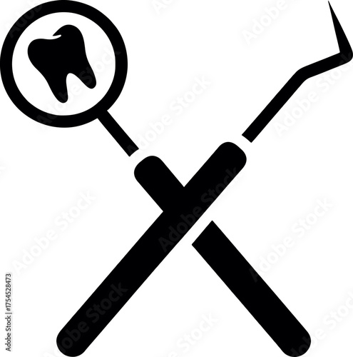 Dental mirror, scaler silhouette. A pristine white tooth, framed by a dental mirror and probe within a bold black circle, symbolizes professional oral health, hygiene, and dentistry. 