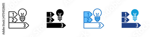 Energy Steps Multiple Style Icon Design Vector - Three step process with a light bulb representing stages of energy planning or innovation development