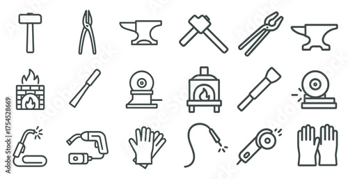 Blacksmith and metalwork icons set – outline, linear, forging tools and symbols