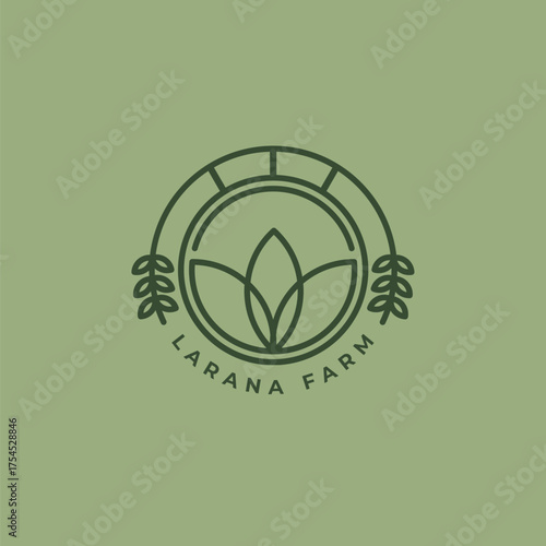 Elegant minimalist logo design for 'Larana Farm' featuring stylized leaves and circular emblem, perfect for branding organic products and agricultural businesses.