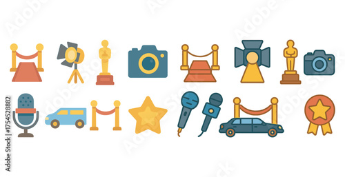 Entertainment and media outline icons set – flat, filled, film and award symbols