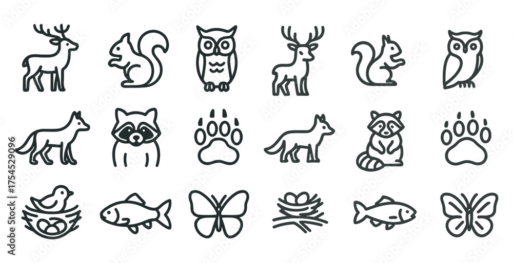 Fototapeta premium Wildlife line icons set – outline, animal, nature symbols for design projects