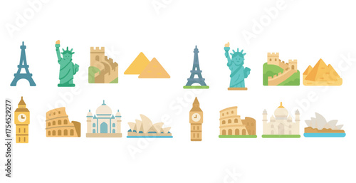 Landmark outline icons set – linear, line, famous structures and monuments designs