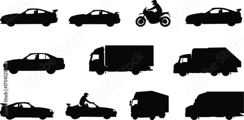 Vehicle silhouette collection, car truck motorcycle vector set, transportation icons, delivery van graphics, driver outlines, automotive design elements illustration