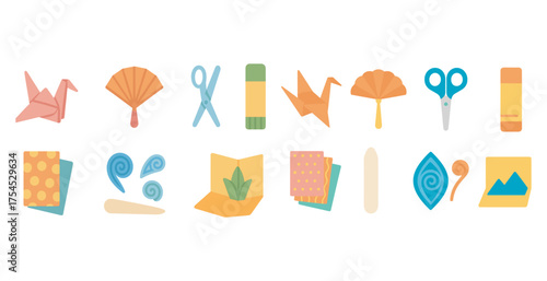 Origami and craft flat icons set – papercraft, folded art, diy symbols
